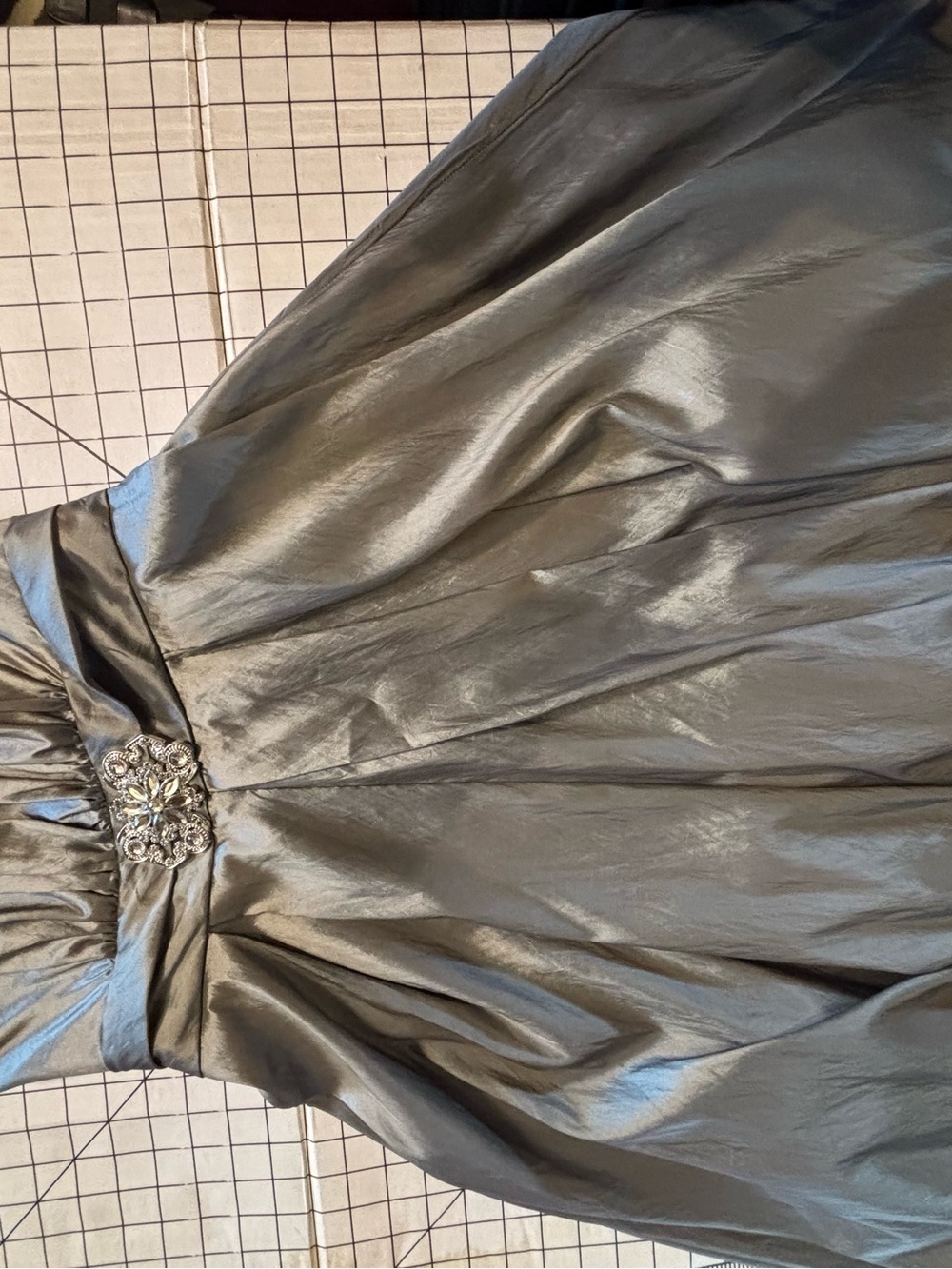 Fiesta Strapless Metallic Silver Evening Gown with Embellished Waist
